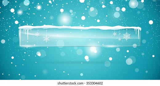 Transparent vector glass  banner with snow and icicles isolated on blue shiny sparkling background. Vector illustration. Eps 10 file