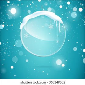 Transparent vector glass  banner with snow and icicles isolated on blue sparkling background. Vector illustration. Eps 10 file