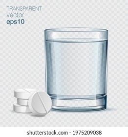 Transparent vector glass with blue water and a few solvable pills next to the glass.  Vitamin pill soluble in water