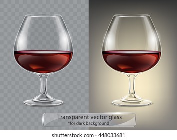 Transparent vector glass goblets cognac for dark background. Brandy sniffer