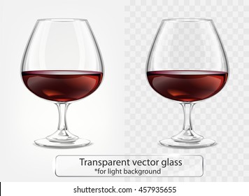 Transparent vector glass goblets cognac for dark background. Brandy sniffer