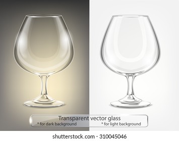 Transparent vector glass goblets for dark and light background. Brandy sniffer