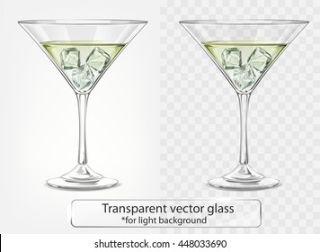 Transparent vector glass with Martini and ice for light background