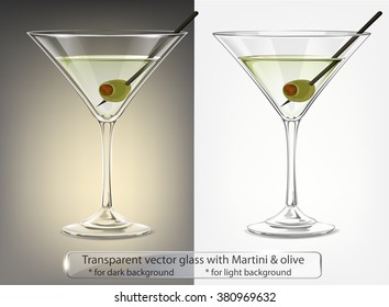 Transparent vector glass with Martini and olive for dark and light background
