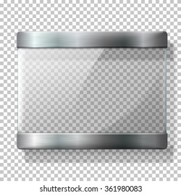 Transparent vector glass plate with metal holders, for your signs, on wplaid background.