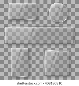 Transparent vector glass plates banners on plaid background. Glass banners panels or glass frames on transparent background vector illustration