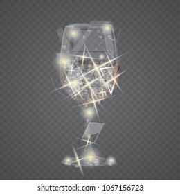 Vidro vetorial transparente. Pedaços de vidro de laje. Isolado em um fundo preto.Fragmentos transparentes realistas de vidro quebrado em um fundo xadrez. Ilustração vetorial. EPS 10.