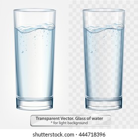 Transparent vector glass of water with fizz on light background