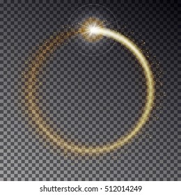 Transparent vector golden light frame with sparkles isolated on dark background. Shiny particles and flares on magic ring illustration.