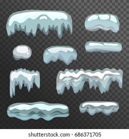 Transparent vector Icicles, Frozen water. Hanging snow caps. Ice cover design elements. Melting Snow covering.