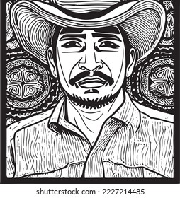 Transparent vector illustration of a Mexican man black and white portrait