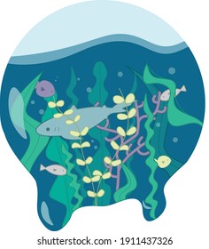 A transparent vector illustration of sea life. The form of an image resembles an aquarium. There`s seaweed, corals, small fish, and a small shark.