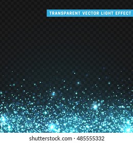 Transparent vector light effect blue. Glitter particles, shining stars, space background. Bright design element, blue luxury greeting card