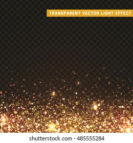 Transparent vector light effect gold, yellow. Christmas glowing lights for Xmas Holiday greeting card design element. Glitter particles, shining stars. Bright design element, gold luxury greeting card
