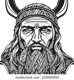 Transparent vector portrait of a Viking warrior black and white illustration