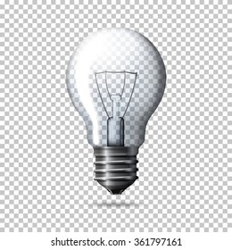 Transparent vector realistic light bulb isolated on plaid background.