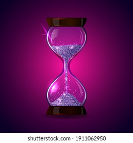 Transparent Vector Sand Clock With Amethyst Purple Glitter. Realistic 3D Bright Sparkly Sandglass Illustration. Modern Gleaming Hourglass. Magic Timer As Symbol Of Time Wasting And Time Management