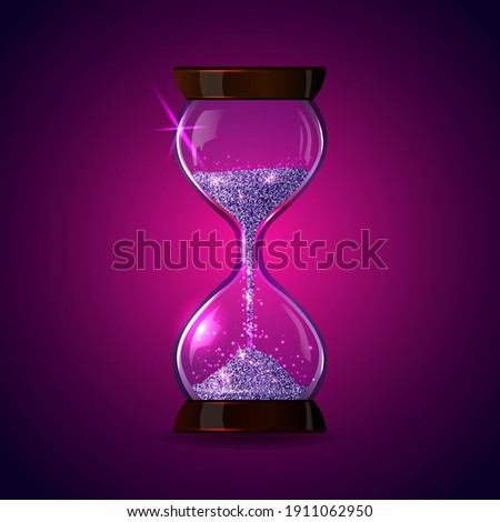 Transparent vector sand clock with amethyst purple glitter. Realistic 3D bright sparkly sandglass illustration. Modern gleaming hourglass. Magic timer as symbol of time wasting and time management