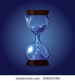 Reloj de arena vectorial transparente con brillo azul zafiro. Ilustración de vidrio brillante brillante 3D realista. Moderna cristalera brillante. Temporizador mágico como símbolo de pérdida de tiempo y gestión del tiempo