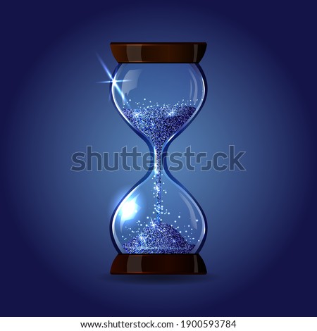 Transparent vector sand clock with sapphire blue glitter. Realistic 3D bright sparkly sandglass illustration. Modern gleaming hourglass. Magic timer as symbol of time wasting and time management