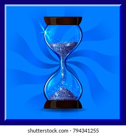 Transparent vector sandglass with sapphire blue glitter on abstract background. Realistic 3D bright sparkly sand clock illustration. Modern gleaming hourglass. Magic timer