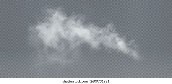 Transparent vector smoke and cloud set. Realistic fire smoke, white fluffy cloud, fog wave, and chimney smoke with overlay effect. Ideal for weather illustration, sky backgrounds, and atmospheric desi