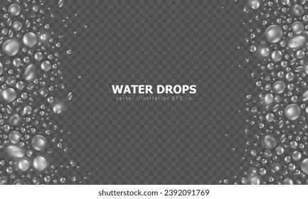 Papel de pared vector transparente con gotas de agua 3d realistas o condensación en la superficie. Banner de pantalla ancha con gotitas de lluvia o diseño de rocío como marco. Banner fresco Aqua con colágeno o textura de agua