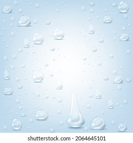 Transparent vector water drops. Clean water drop condensation. Steam shower condensation on vertical surface