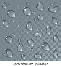 Transparent vector water drops set. Can be applied for any background without losing visibility