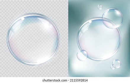 Transparent vector water soap bubble, crystal  glass ball isolated on abstract light background
