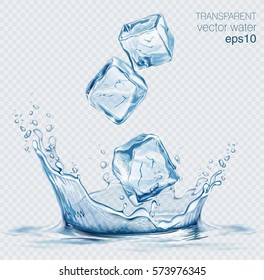 Transparent vector water splash and transparent blue vector ice cubes on light background
