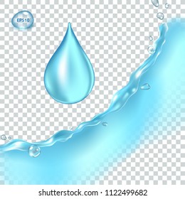Transparent vector water splash and water drop on light background
