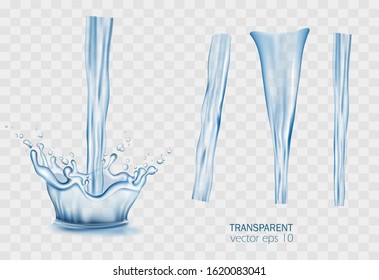 Transparent vector water splash and flowing stream on light background.  Set of moisture skincare liquid elements templates. Purified mineral water pouring advertising, package, promo, web design.