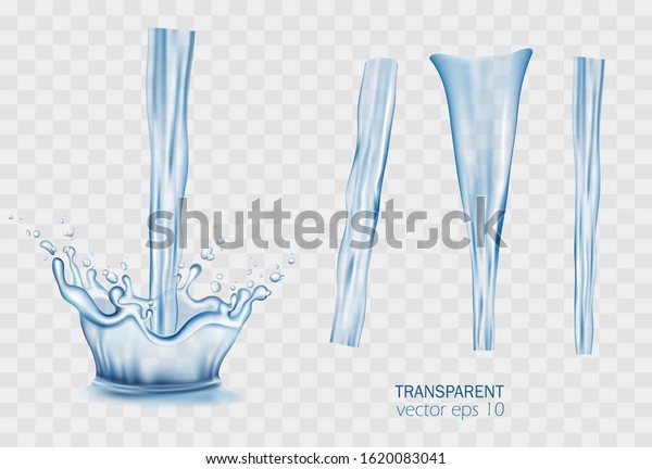 Transparent vector water splash and flowing\
stream on light background.  Set of moisture skincare liquid\
elements templates. Purified mineral water pouring advertising,\
package, promo, web\
design.