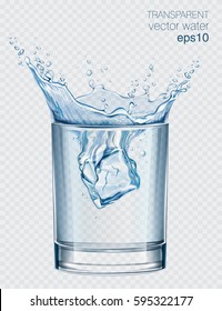 Transparent vector water splash in glass of water on light background.