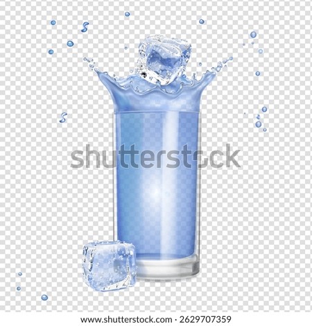 Transparent vector water splash in glass of water and ice cubes Cold water mineral beverage drink with frozen icy blocks realistic illustration