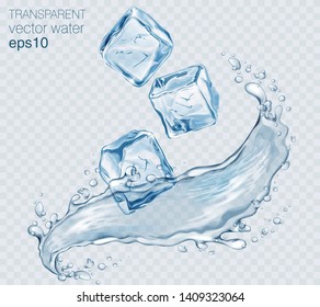 Transparent vector water splash with ice cubes and wave on light background