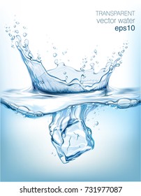 Transparent vector water splash and ice cubes on light background