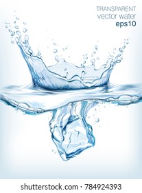Transparente Vektorwasserspritze und Eiswürfel auf hellem Hintergrund