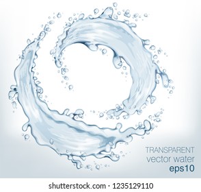 Transparent vector water splash and wave on light background