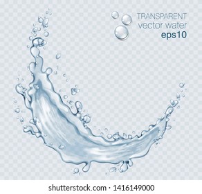 Transparent vector water splash and wave on light background