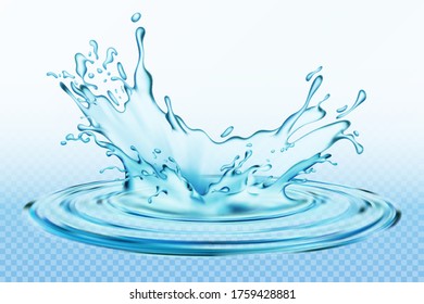 Transparent vector water splash and wave on light background. Design of natural, organic products.