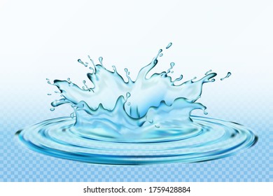 Transparent vector water splash and wave on light background. Design of natural, organic products.