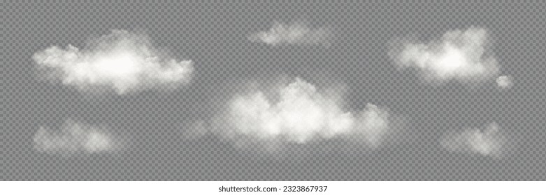 Transparent vector white cloud sky realistic set. Fog smoke png texture isolated design. Abstract cloudy air effect with day light icon collection. 3d beautiful nature atmosphere vapor smoky steam