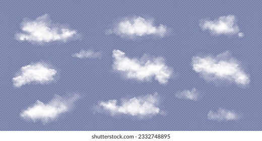 Transparent vector white cloud sky realistic set. Fog smoke png texture isolated design. Abstract cloudy air effect with day light icon collection. 3d beautiful nature atmosphere vapor smoky steam