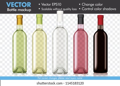 Transparent Vector Wine Bottle Mockup, Change Color and Color Shadows