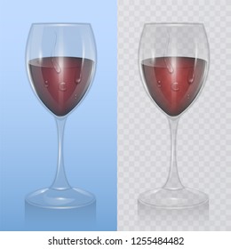 Transparent vector wine glass with red wine, template of glassware for alcoholic drinks. Realistic vector illustration