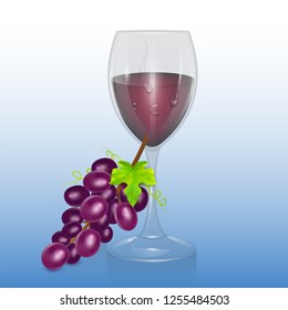 Transparent vector wine glass with red wine, template of glassware for alcoholic drinks. Realistic vector illustration