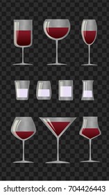 Transparent vector wine glasses and vodka glasses set. Vector glassware for drinks.