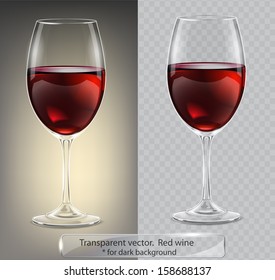 Transparent vector wineglass with red wine. For dark background